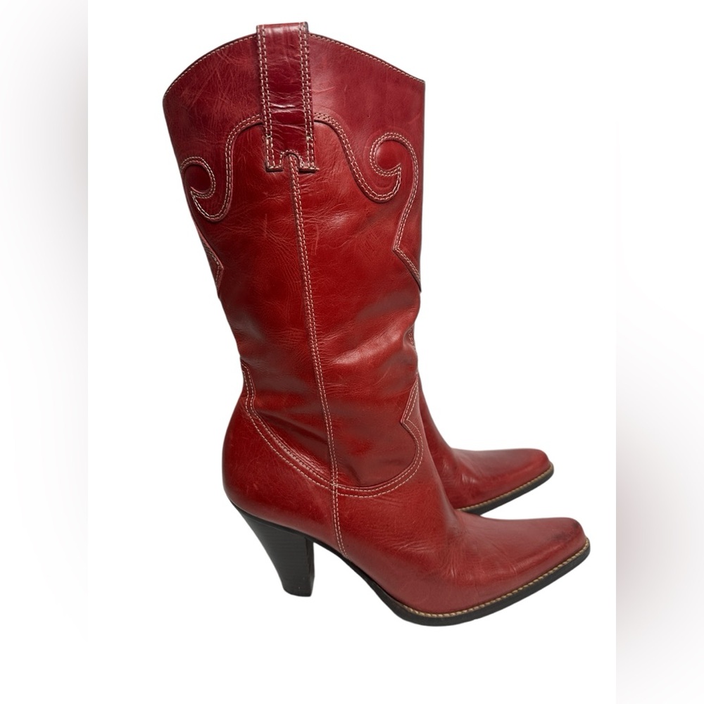 Steven Red Leather Cowboy Cowgirl Western Boots